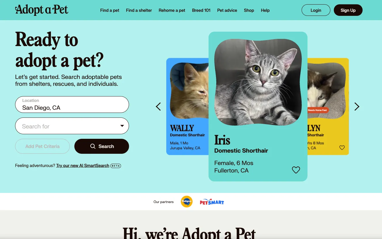 Adopt a Pet homepage with a pet search form and adoptable cats