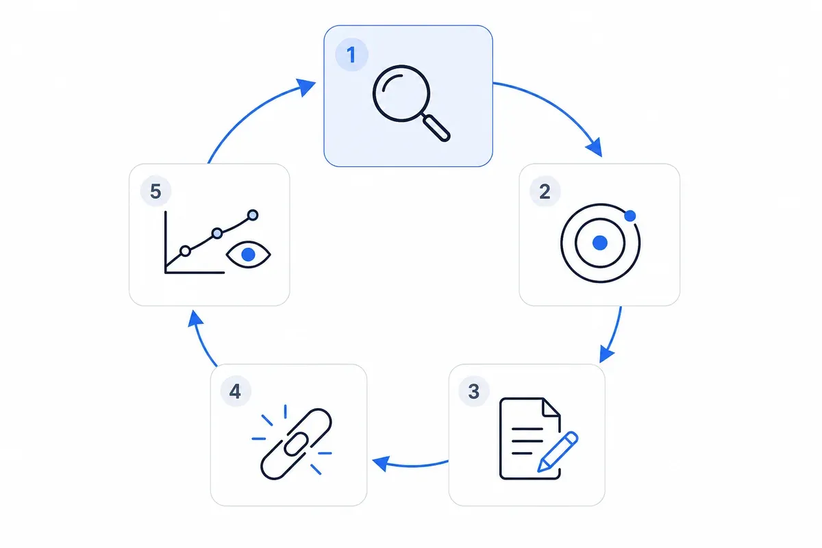 A five-step AI SEO loop: audit, pick focus topics, create content, build authority, and monitor