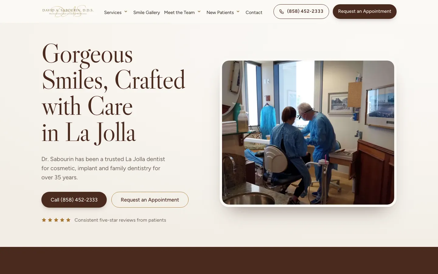 Redesigned Dr. Sabourin homepage with the headline Gorgeous Smiles, Crafted with Care in La Jolla and a photo of the dentist with a patient