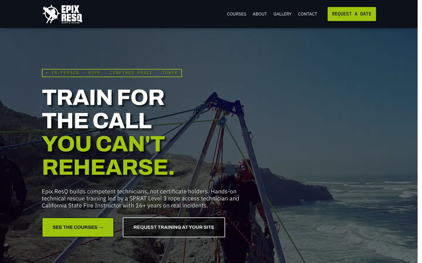 Epix ResQ homepage showing a rope rescue team on the San Diego coastline