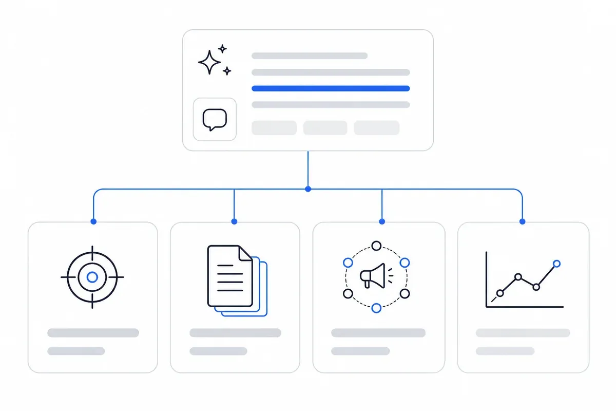 Four foundations of AI search — positioning, content, trust signals, and tracking — supporting an AI answer