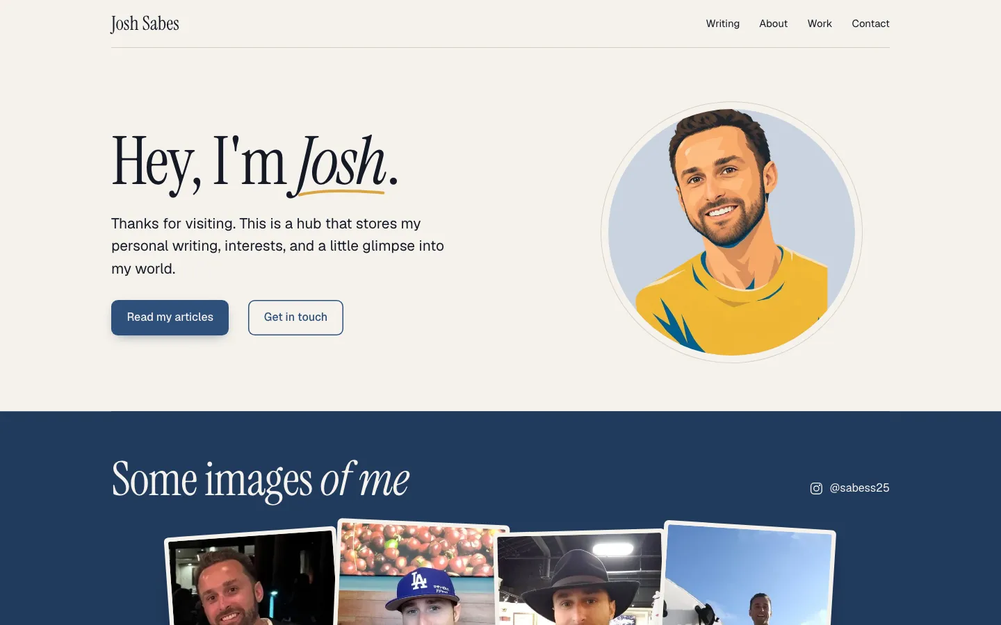JoshSabes.com homepage with an illustrated portrait and the headline Hey, I'm Josh