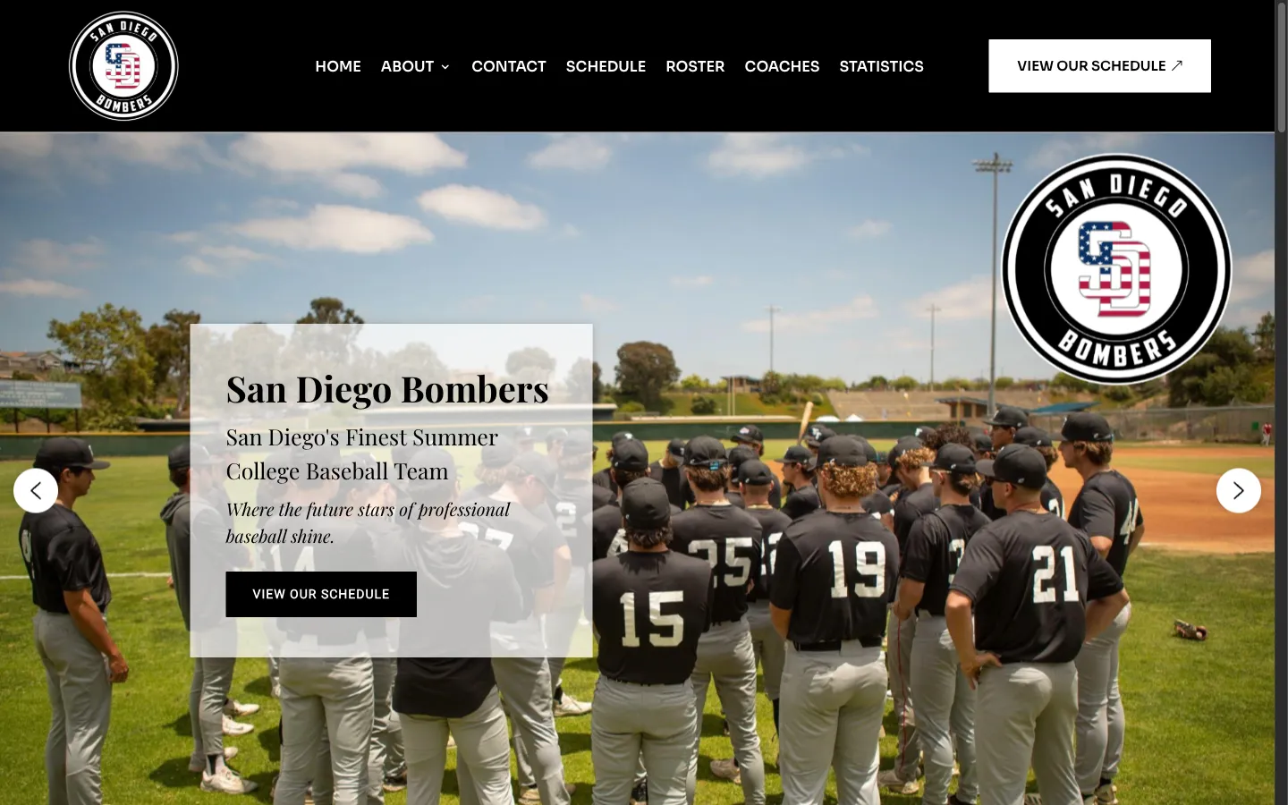San Diego Bombers homepage with the team gathered on the field and the Bombers logo