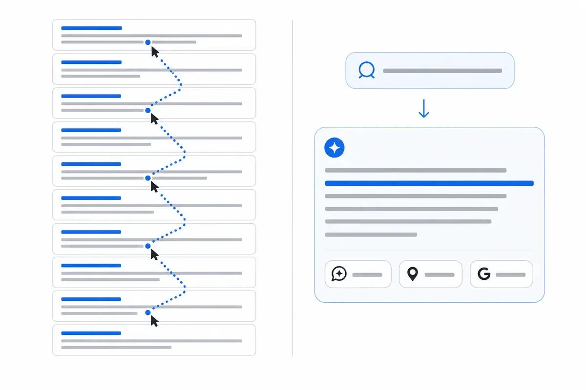 Ten blue links requiring clicks between sites compared with one direct AI answer that cites sources