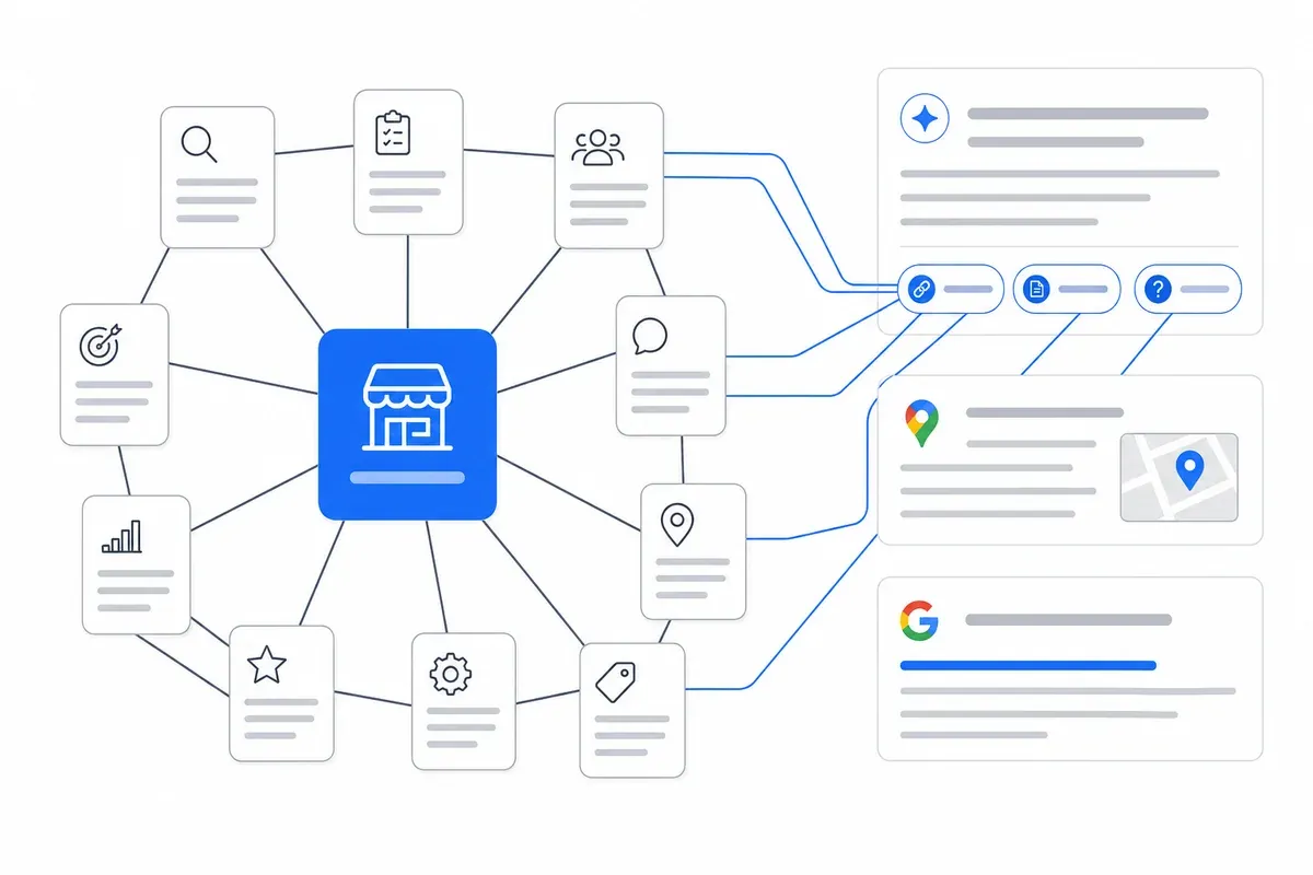 A core topic surrounded by linked supporting articles, several of them cited in AI answers and search results